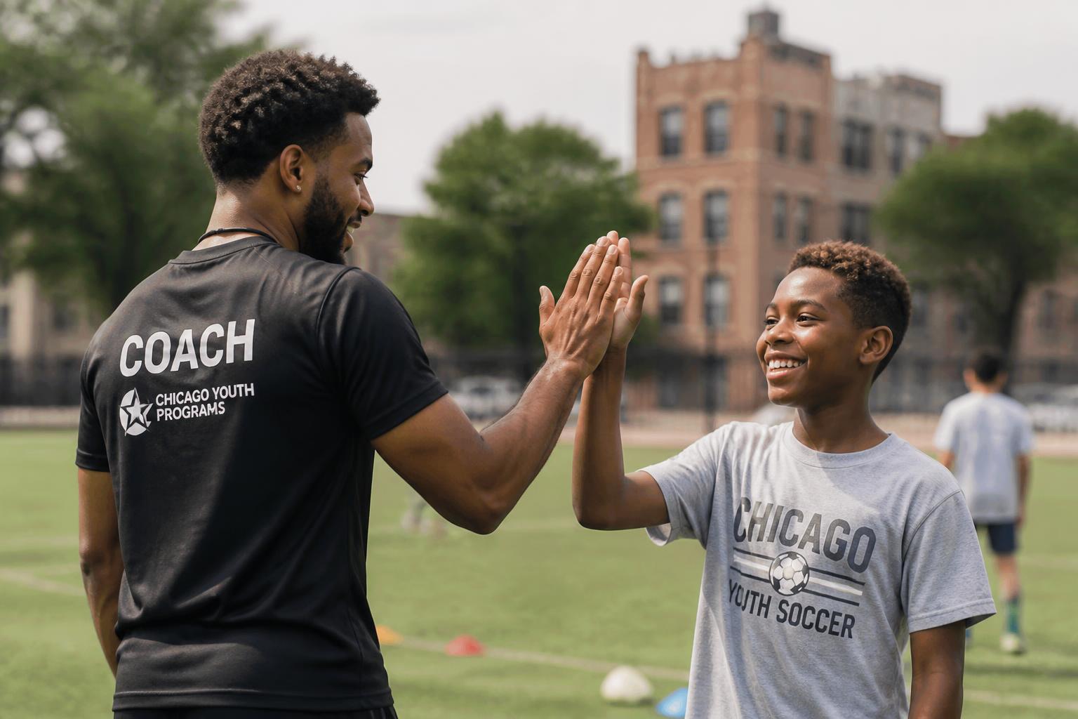 Coach high-fiving a young player on a Chicago soccer field